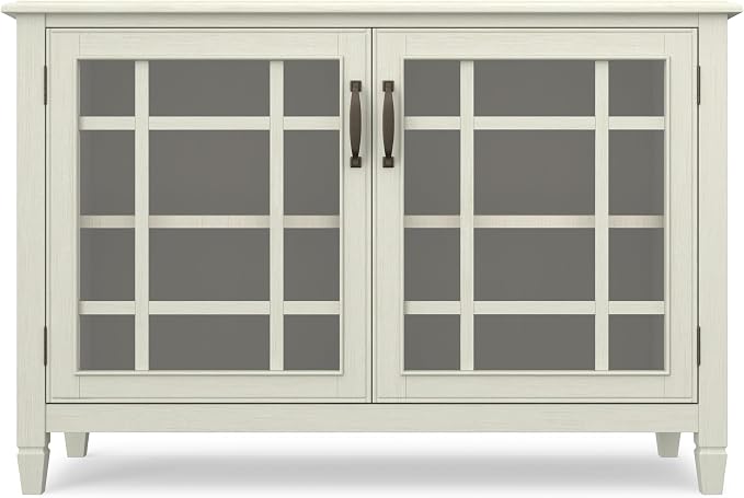 SIMPLIHOME Connaught 46" Wide Solid Wood Low Cabinet in Antique White | Traditional low console cabinet with glass doors and storage shelves for the living room, entryway or dining room.
