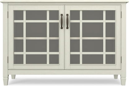 SIMPLIHOME Connaught 46" Wide Solid Wood Low Cabinet in Antique White | Traditional low console cabinet with glass doors and storage shelves for the living room, entryway or dining room.