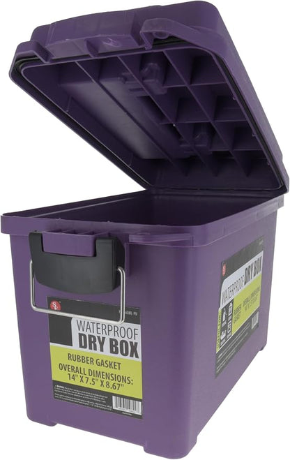 SE Waterproof Dry Box with Detachable Lid – 14" x 7.5" x 8.67" Purple Storage Case with Rubber Gasket Seal, Snap Closures & Handle for Camping, Boating, Fishing Gear & Outdoor Protection - 87466DBL-PU
