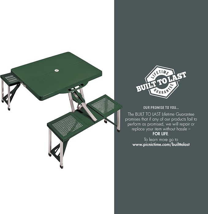 Picnic TIME Portable Folding Picnic Table with Seats for 4, Collapsible Aluminum Table with Benches & Umbrella Hole, Lightweight Foldable Table for Camping, Travel, Backyard, Tailgating | with Umbrella Hole