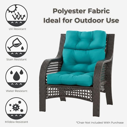 Outdoor Tufted High-Back Chair Cushions, One-Piece Hinged Seat and Back Design, Reversible with 4 Ties, Durable Polyester Fabric, Recycled Fiber Fill - Set of 2, Peacock