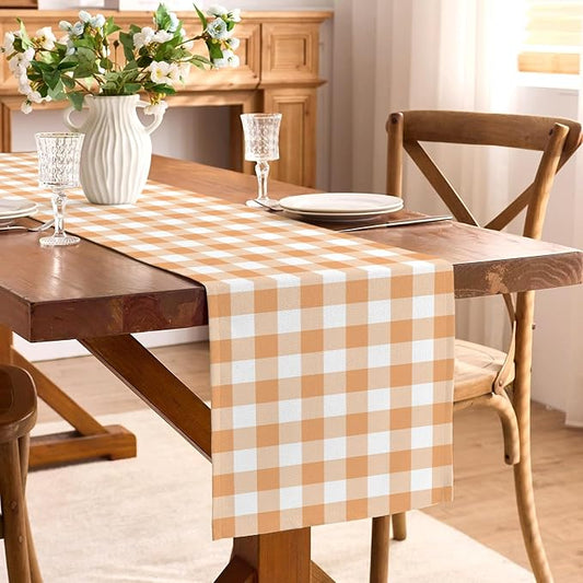 Fall Orange and White Gingham Table Runner Autumn Thanksgiving Plaid Decoration BBQ Picnic Dining Room Home Kitchen Table Decor (Orange, 13" x 72")