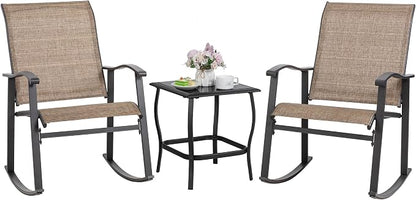 Shintenchi Rocking Chair Outdoor with Table, 3 Piece Rocking Patio Bistro Set, Outdoor Furniture Set with Metal Frame and Textilene Fabric for Small Space, Brown