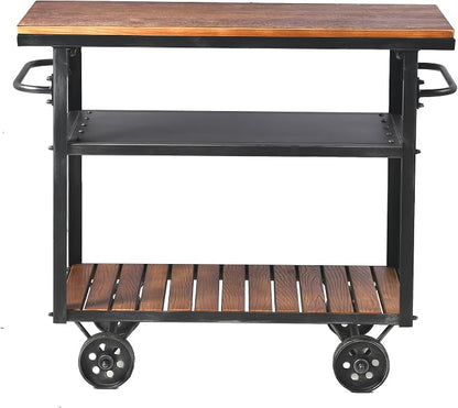Industrial 3 Tier Rolling Utility Storage Cart Wine Beverage, Metal Wine Rack with Wheels Kitchen Bar Dining Room Tea Wine, Storage Cart with Wood