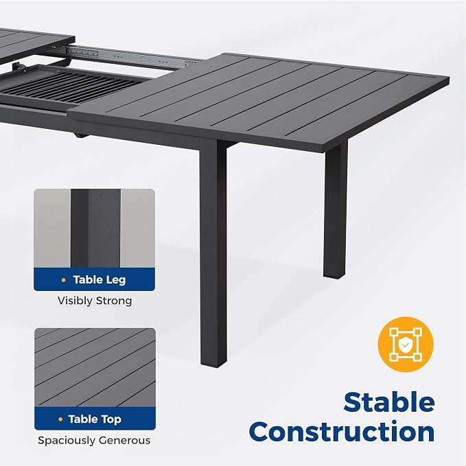 RoyalCraft Aluminum Outdoor Patio Table and Chairs Set with 91.33" L -39.37" W Expandable Dining Table, 9-Pieces Patio Furniture Set for 8, Patio Table Set with Stackable Quick Drying Chairs, Grey