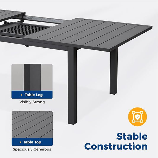 RoyalCraft Aluminum Outdoor Patio Table and Chairs Set with 91.33" L -39.37" W Expandable Dining Table, 9-Pieces Patio Furniture Set for 8, Patio Table Set with Stackable Quick Drying Chairs, Grey