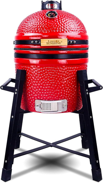 London Sunshine Ceramic Kamado Charcoal BBQ Grill and Smoker, Stainless Steel Grates -15" Ceramic with Tall Stand (RED)
