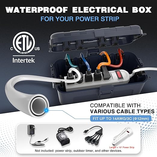 Flemoon Medium Outdoor Electrical Box (11.5x5.2x4 inch), IP54 Waterproof Extension Cord Cover w/6 Cable Entry Ports, Weatherproof Connection Box for Power Strip, Timer, Plug, Holiday Lights, Gray