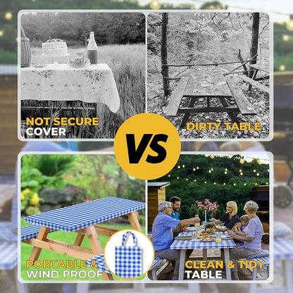 Vinyl Fitted Picnic Table Cover with Bench Covers & Bag 8ft Blue Checkered | Vinyl Fitted Picnic Table Cover with Bench Covers and Bag, Outdoor Waterproof Windproof Picnic Tablecloth with Elastic Edges.