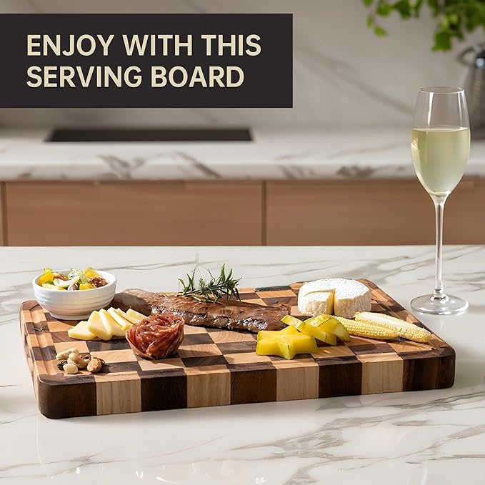 Checkered Cutting Boards for Kitchen, 1.4“ Thickened Wooden Chopping Board with Juice Grooves & Handles, Butcher Block for Meat, Vegetables and Fruits with Gift Box, 16" x 11"×1.4"