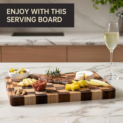Checkered Cutting Boards for Kitchen, 1.4“ Thickened Wooden Chopping Board with Juice Grooves & Handles, Butcher Block for Meat, Vegetables and Fruits with Gift Box, 16" x 11"×1.4"