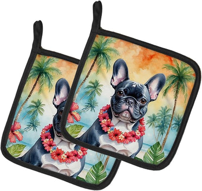 Caroline's Treasures French Bulldog Luau Pair of Pot Holders Kitchen Heat Resistant Pot Holders Sets Oven Hot Pads for Cooking Baking BBQ, 7 1/2 x 7 1/2