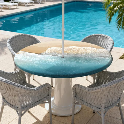 Outdoor Tablecloth with Umbrella Hole and Zipper Fits 37-44" Tables | Waterproof Round Fitted Tablecloth with Elastic Edge, Wipeable Outdoor Table Cover for Patio, Garden, Picnic