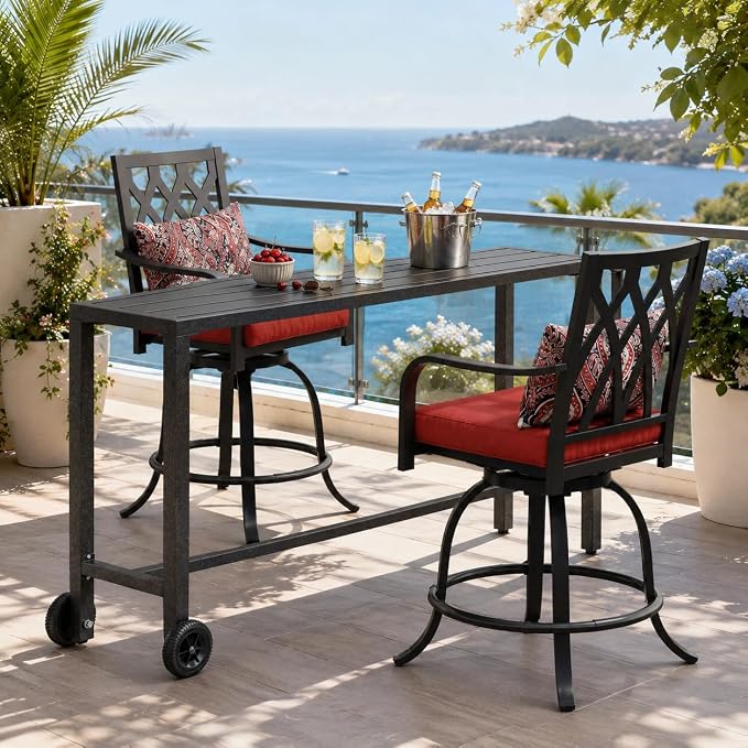 DWVO Metal Outdoor Bar Stools Set of 10, Heavy-Duty Bar Height Outdoor Chairs 352 Lbs Capacity, All-Weather E-Coated Swivel Barstools with Red Cushion & Pillow for Patio Deck Balcony