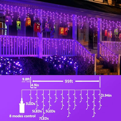 QITONG Purple Halloween Lights, 99ft 1200 LED Icicle Lights for Outside Plug in, Clear Wire String Light Indoor with 8 Modes