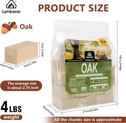 Lumberer Oak Smoking Chunks – Medium-Heavy Smoke for All Meats – 100% Natural Wood, Long Burn – 4LBS Heat-Treated & Purified