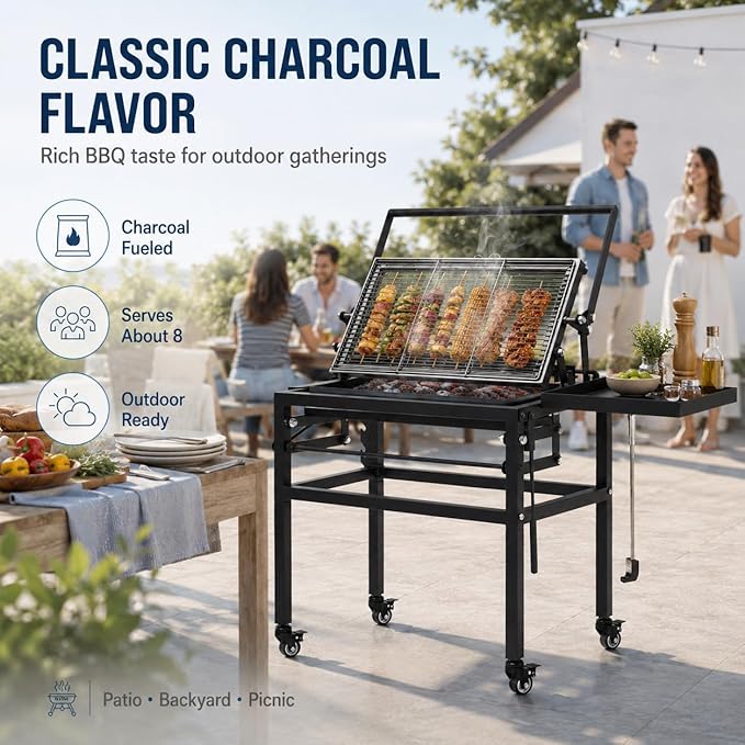 Rotating BBQ Grill with Cart 360° Rotating Cooking Grid Grills Removable Portable Grillfor for Outdoor Barbecues, Picnics, Camping, Places Such As Backyards