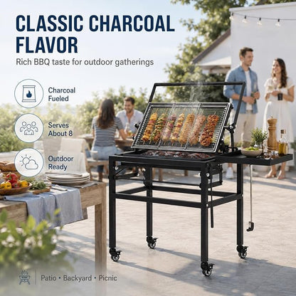 Rotating BBQ Grill with Cart 360° Rotating Cooking Grid Grills Removable Portable Grillfor for Outdoor Barbecues, Picnics, Camping, Places Such As Backyards