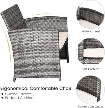 Tangkula 4 PCS Wicker Patio Conversation Set, Outdoor Rattan Sofas with Table Set, Patio Furniture Set with Soft Cushions & Tempered Glass Coffee Table for Poolside Balcony