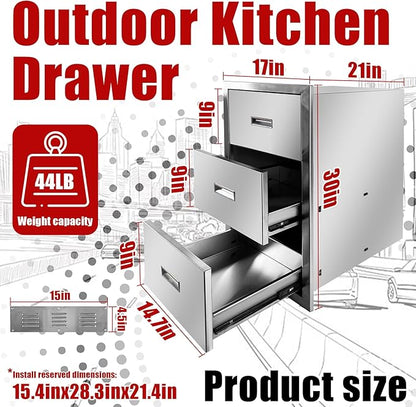 Outdoor Kitchen Triple Drawers 17'' W x 30'' H x 21'' D Stainless Steel BBQ Island Drawers with Handle Enclosed Built-in Flush Mount Drawer for Outdoor Kitchen Island Patio Grill Station