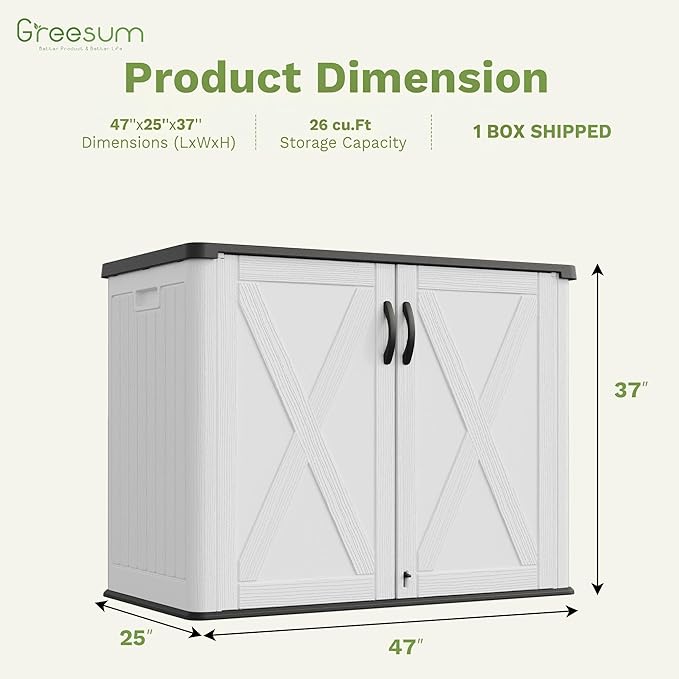 Greesum 26 Cuft Outdoor Storage Box with Lockable Doors, White | Easy to Assemble | All-Weather Resistance | Sturdy Sidehandles | Multi-purpose Resin Large Storage Cabinet