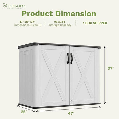 Greesum 26 Cuft Outdoor Storage Box with Lockable Doors, White | Easy to Assemble | All-Weather Resistance | Sturdy Sidehandles | Multi-purpose Resin Large Storage Cabinet
