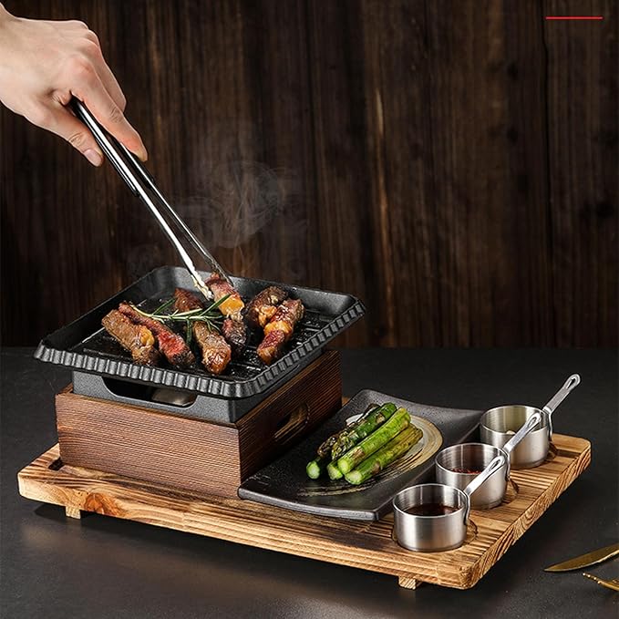 Japanese BBQ Grill Set, Portable Alcohol Barbecue Stove with Non-Stick Baking Pan, Dinner Plate, Seasoning Cups, and Wooden Base for Yakiniku, Yakitori,A