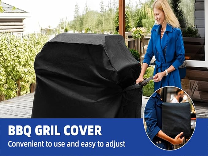 BBQ Gas Grill Cover for Outdoor, Anti-UV, Rip-Proof, 600D Oxford Fade Resistant Material, Barbecue Cover with Hook and Loop Straps & Adjustable Hem Drawstring (Black, 65”x24”x44”)