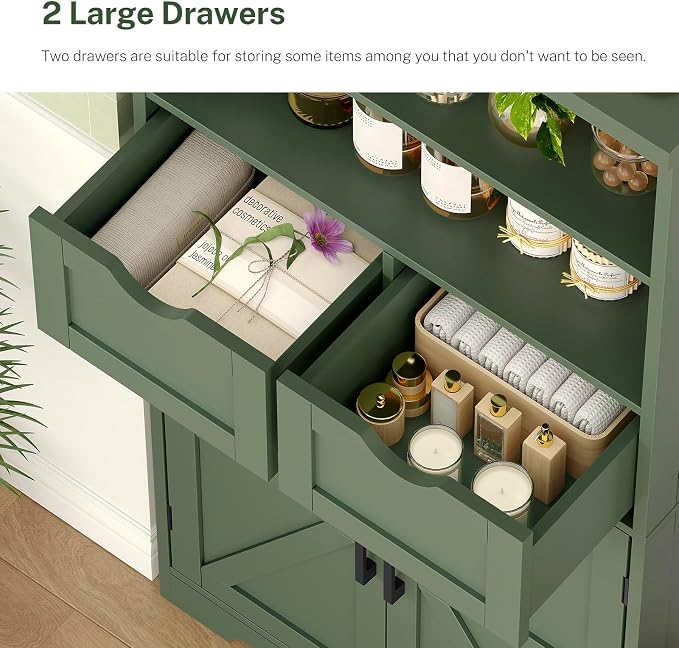 Bathroom Cabinet with Adjustable Shelf & 2 Drawers, Farmhouse Storage Cabinet with 2 Doors, Kitchen Storage Cabinets for Living Room, Entryway, Home Office, Forest Green