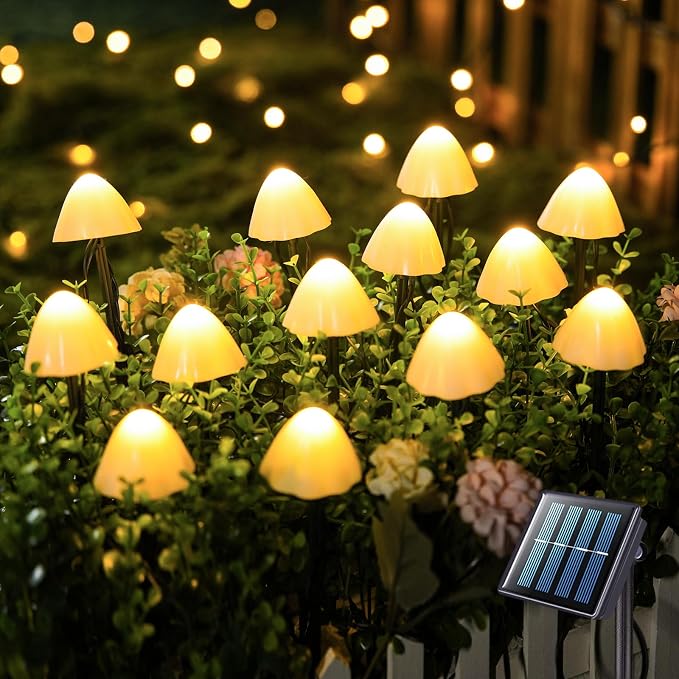 JMEXSUSS 2 Pack Solar String Lights Outdoor, 20 LED 36ft, Mushroom | Outdoor Waterproof, Warm White, 8 Modes Solar Pathway Lights for Outside Garden Patio Yard Decorations
