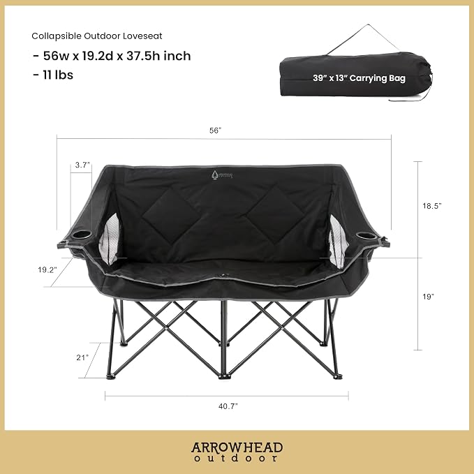 ARROWHEAD OUTDOOR Portable Folding Double Duo Camping Chair Loveseat | 2 Cup and Wine Glass Holder, Carrying Bag, Supports up to 650lbs, Beach, Tailgating, Fishing, Patio, Hunting, Backyard