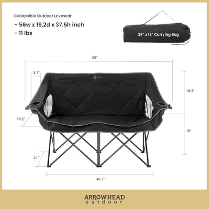 ARROWHEAD OUTDOOR Portable Folding Double Duo Camping Chair Loveseat | 2 Cup and Wine Glass Holder, Carrying Bag, Supports up to 650lbs, Beach, Tailgating, Fishing, Patio, Hunting, Backyard