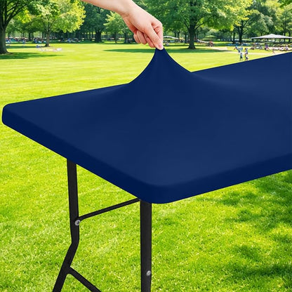 Moosfor Spandex 6 Foot Rectangle Table Cloth, Elastic Fitted Tablecloths for Picnic, Stretch Washable Patio Table Cover for Outdoor, Camping, Banquet and Parties (Navy, 30"x72")