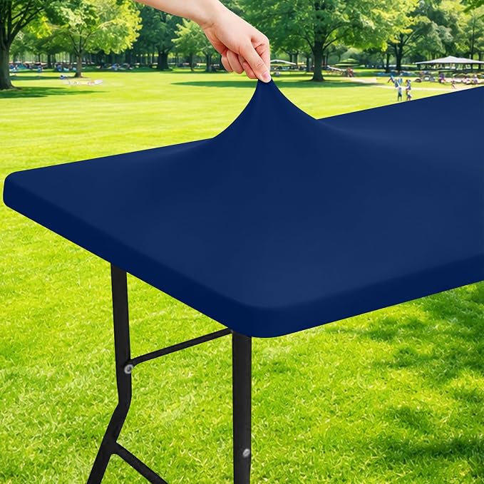 Moosfor Spandex 4 Foot Rectangle Table Cloth, Elastic Fitted Tablecloths for Picnic, Stretch Washable Patio Table Cover for Outdoor, Camping, Banquet and Parties (Navy, 36"x48")
