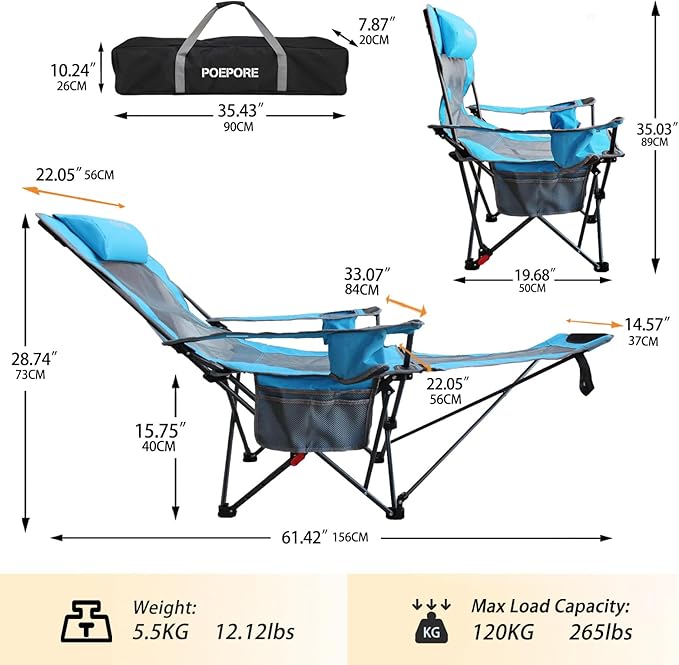Reclining Camping Chair with Removable Footrest Lounge Chair with Headrest, Cotton Cushion, Portable Adjustable Folding Chairs