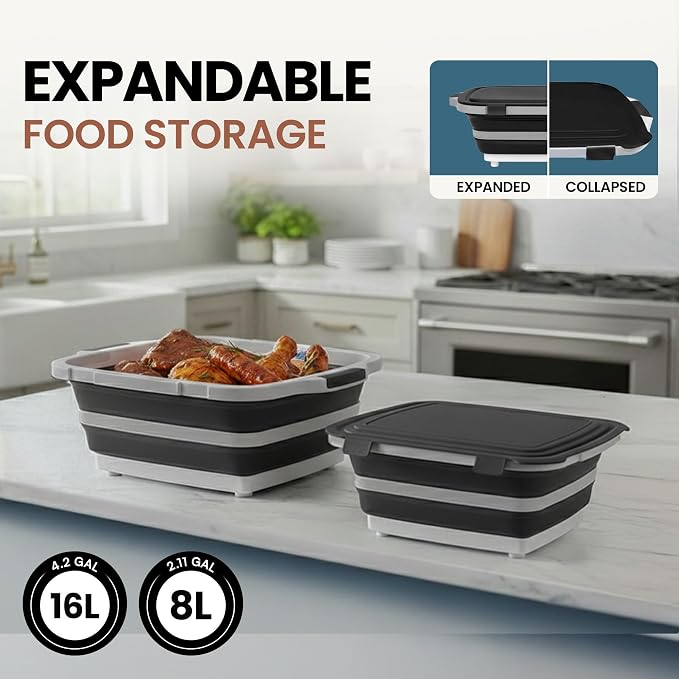 BBQ Prep Tub 2 Pack (8L+16L) - Multifunctional Collapsible Camping Cutting Board with Upgraded Locking lid, Meal Prep Meat Storage Container Perfect for Grilling, Outdoor Cooking (Large + XL)