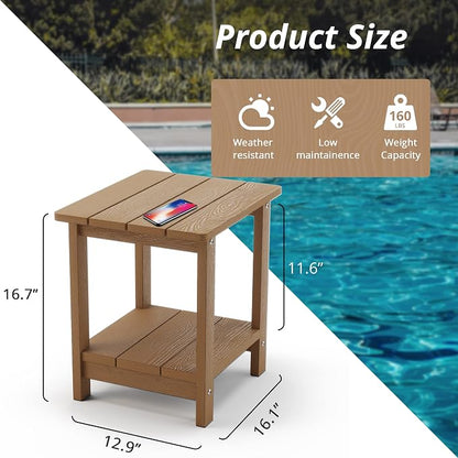 LUE BONA Outdoor Side Table, 2-Tier HDPS Small Patio Table, Brown | 2-Tier Shelf for Extra Storage, Small End Table for Pool, Porch, Balcony, Weather Resistant HDPS, Easy Clean
