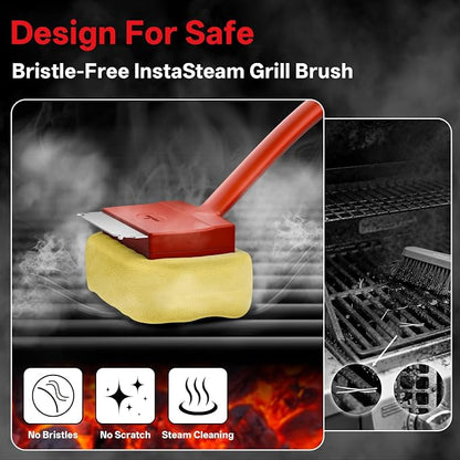 Grill Brush Bristle Free, Steam Grill Cleaning Brush with Detachable & Dishwash-Safe Brush-Head, Ergonomic Comfort Grip for Cast Iron/Stainless-Steel Grates, Safe Barbecue Grill Cleaner