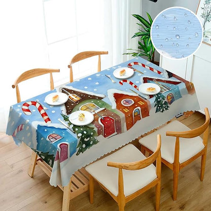 Swono Christmas House Table Cloth Winter Village Snow Xmas Candy Cane Colorful Rectangle Tablecloth Picnic Tablecloth BBQ Table Cloths Polyester for Kitchen 50x72 Inch
