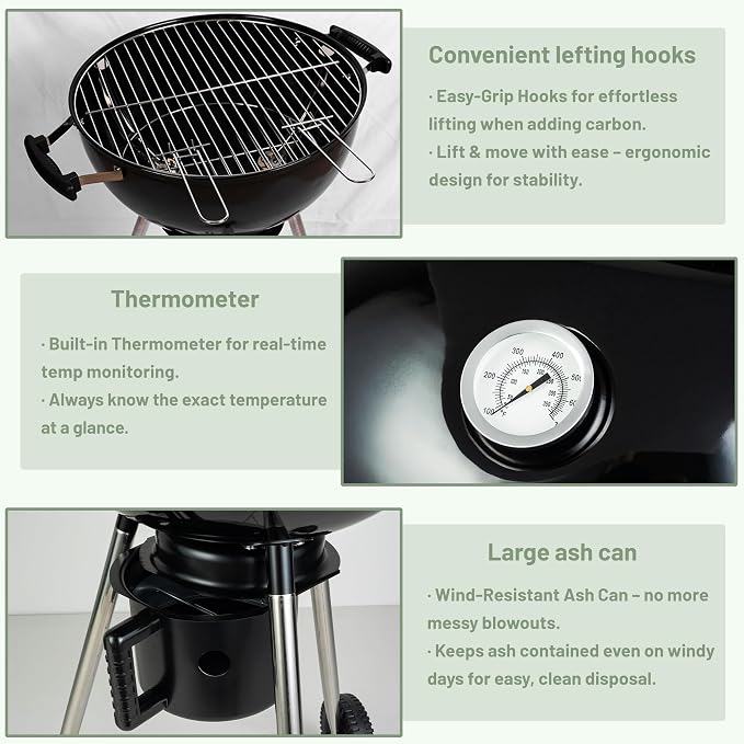 18-Inch Kettle Charcoal Grill with Cover & Wheels | Easy Assembly, Built-in Thermometer, Removable Ash Catcher, Perfect for Backyard BBQ, Patio & Family Cookouts