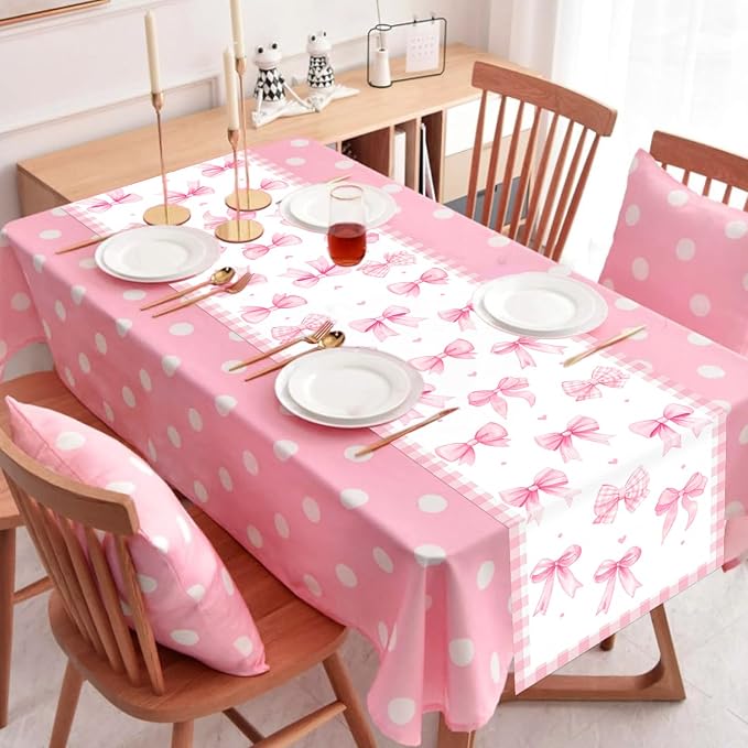 Pink Bow Theme Table Runner, Pink Linen Fabric Table Runner for Everyday Use 72 x 13 Inches, Washable Table Cover for Indoor Outdoor Kitchen Dining Table Home Decor