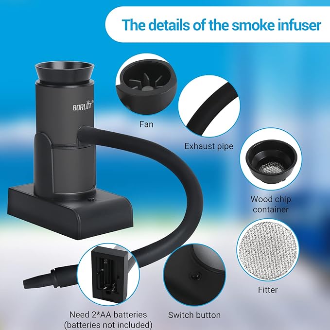 BORUIT Smoking Gun Cocktail Smoker Gun Includes Wood Chips and Accessories,Portable Drink Smoker,Indoor Food Smoker Infuser Kit for Cocktails,Meat,BBQ,Cheese,Veggies & Sous Vide（Black)