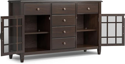 SIMPLIHOME Connaught 60" Wide Solid Wood 3-Door Buffet in Chestnut Brown | Traditional sideboard with adjustable shelves and classic molding for dining rooms; buffet, credenza or server.
