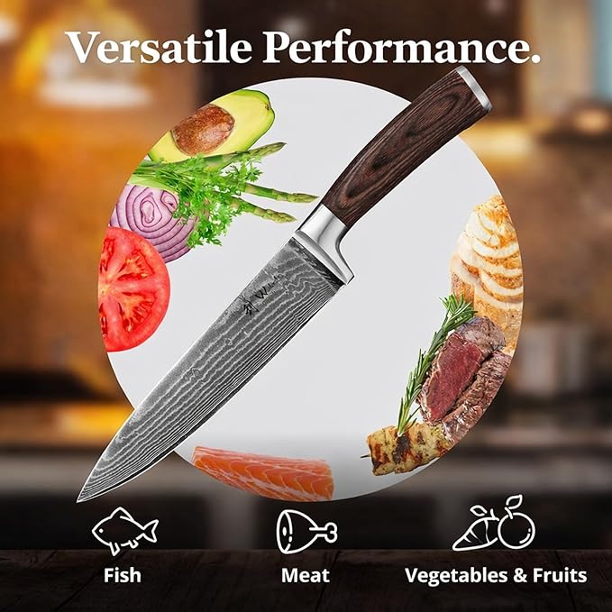 Wakoli EDIB Damascus Chef Knife – 7.9-Inch Japanese-Style Kitchen Knife, 67-Layer Damascus Steel Blade with VG10 Core, Ergonomic Pakkawood Handle – Professional Cooking Knife in Elegant Gift Box