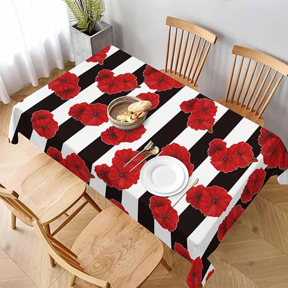 TKS MITLAN Black White Stripe Tablecloth 60x84 Inch Rectangular Red Flower Poppy Petal Bloom Bright Color Plant Oblong Table Cloth Kitchen Table Decorations for Home Dinner Party