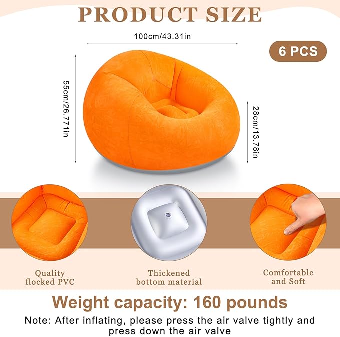 Realspring 6 9 12 Pcs Inflatable Bean Bag Chairs for Adults with Electric Air Pump, Blow up Couch Folding Portable Inflatable Couch Lazy Sofa for Outdoor Movie Night Camping(Orange,6 Pcs)