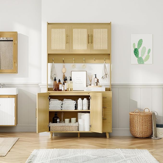 71" Tall Kitchen Pantry Cabinet with Storage, Freestanding Hutch Sideboard Buffet Cabinet with Rattan Door, 3 Drawers, 6 Hooks, Adjustable Shelves, Microwave Stand Countertop for Living Room