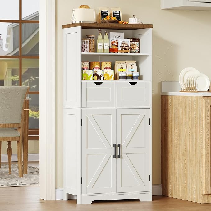 Storage Cabinet with Doors & 2 Drawers, Kitchen Cabinet with Adjustable Shelf, Pantry Cabinets, Bathroom Cabinets, for Living Room, Entryway, Home Office, White