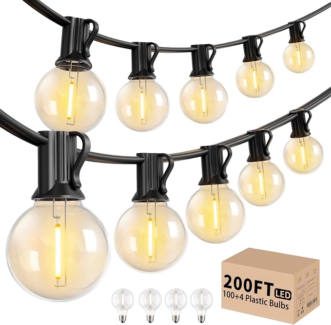 LACHON Outdoor String Lights, Patio Lights 200FT with 100 LED Shatterproof Bulbs, Weatherproof Commercial Hanging Lights for Backyard Bistro Pergola Party Decor, E12 Socket Base, 2200K, Black