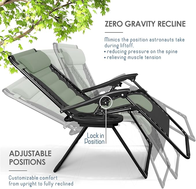 Nestl Padded Oversized Zero Gravity Chair, XL Folding Outdoor Lounge Chair | Adjustable Headrest, Cup Holder & Side Tray, Support 330 LBS, Reclining & Foldable, For Patio & Camping, Black/Sage Green